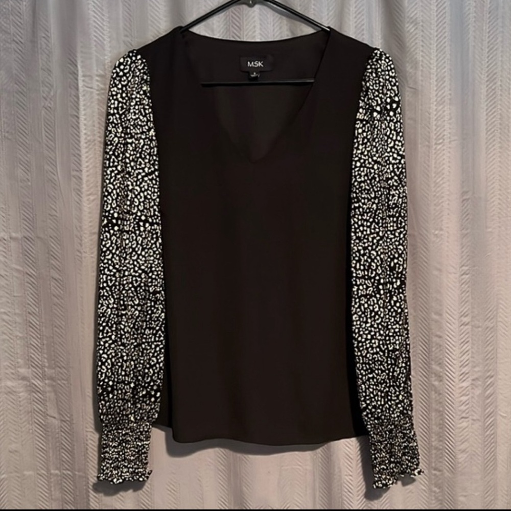 MSK Metallic Speckled Sheer Sleeve V-Neck Blouse